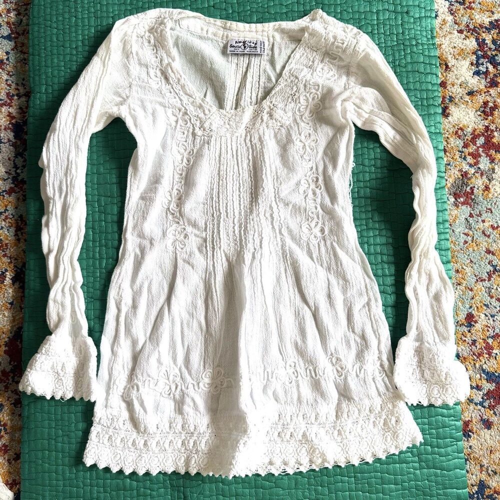 American South Side 100% Cotton Ivory Tunic Top S Peasant Boho Embroidered Peru